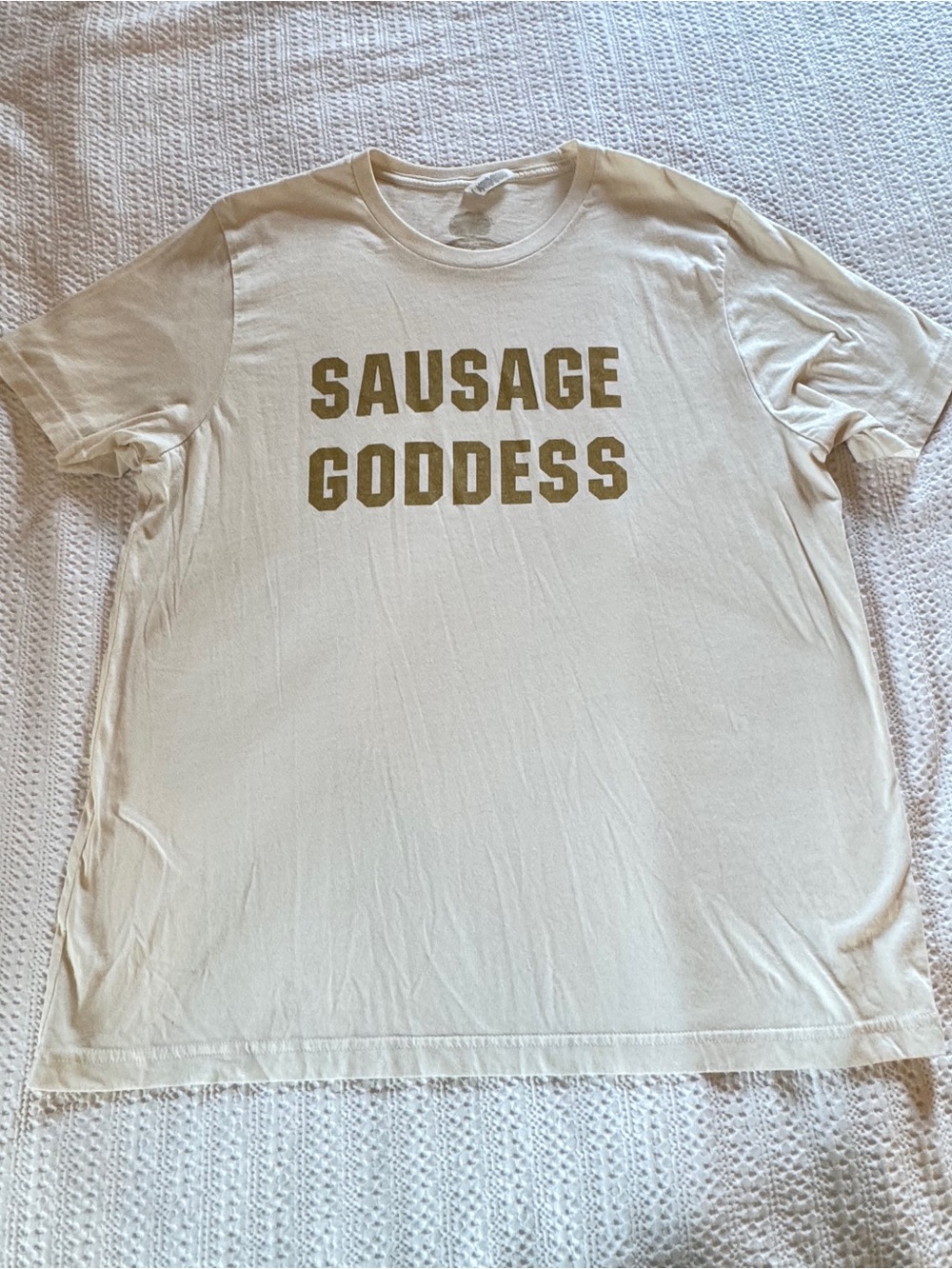 NWOT Unisex Bella Canvas Cream Short Sleeve Tee with SAUSAGE GODDESS Print